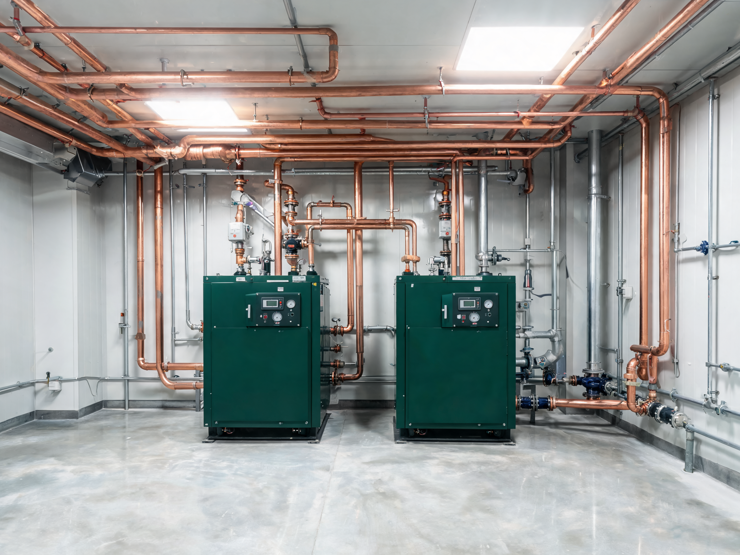 Energy centre with green machines and copper pipes
