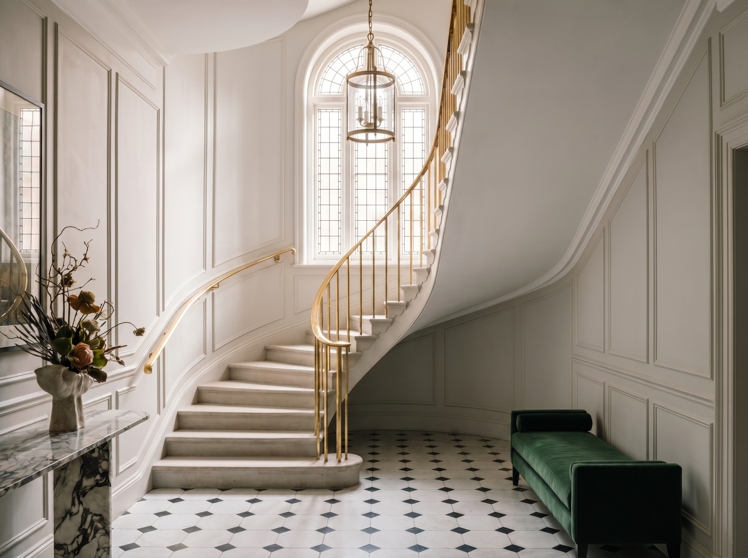 Elegant staircase in sophisticated building with checked flooring and gold bars and a suede green ottoman and a marbled console table with pretty artificial on top