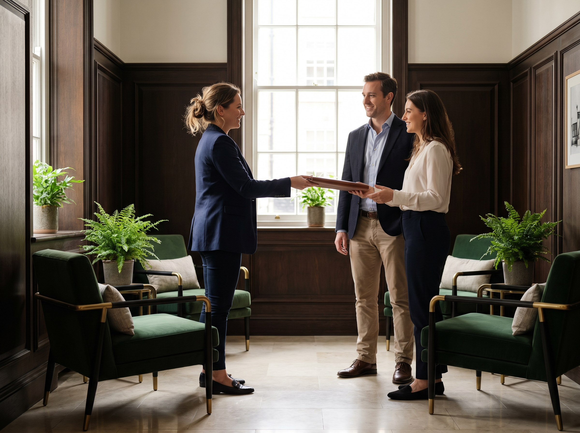 A professional lady handing a file to a smiling couple in a modern and clean apartment block lobby