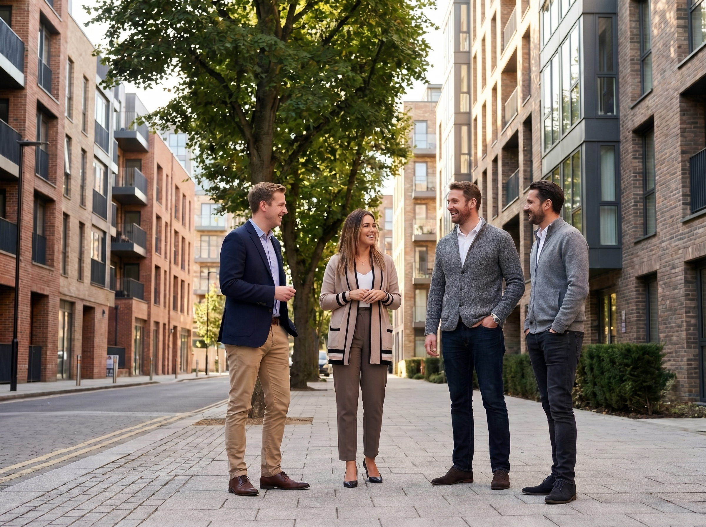 Group of young adults outside block of apartment talking