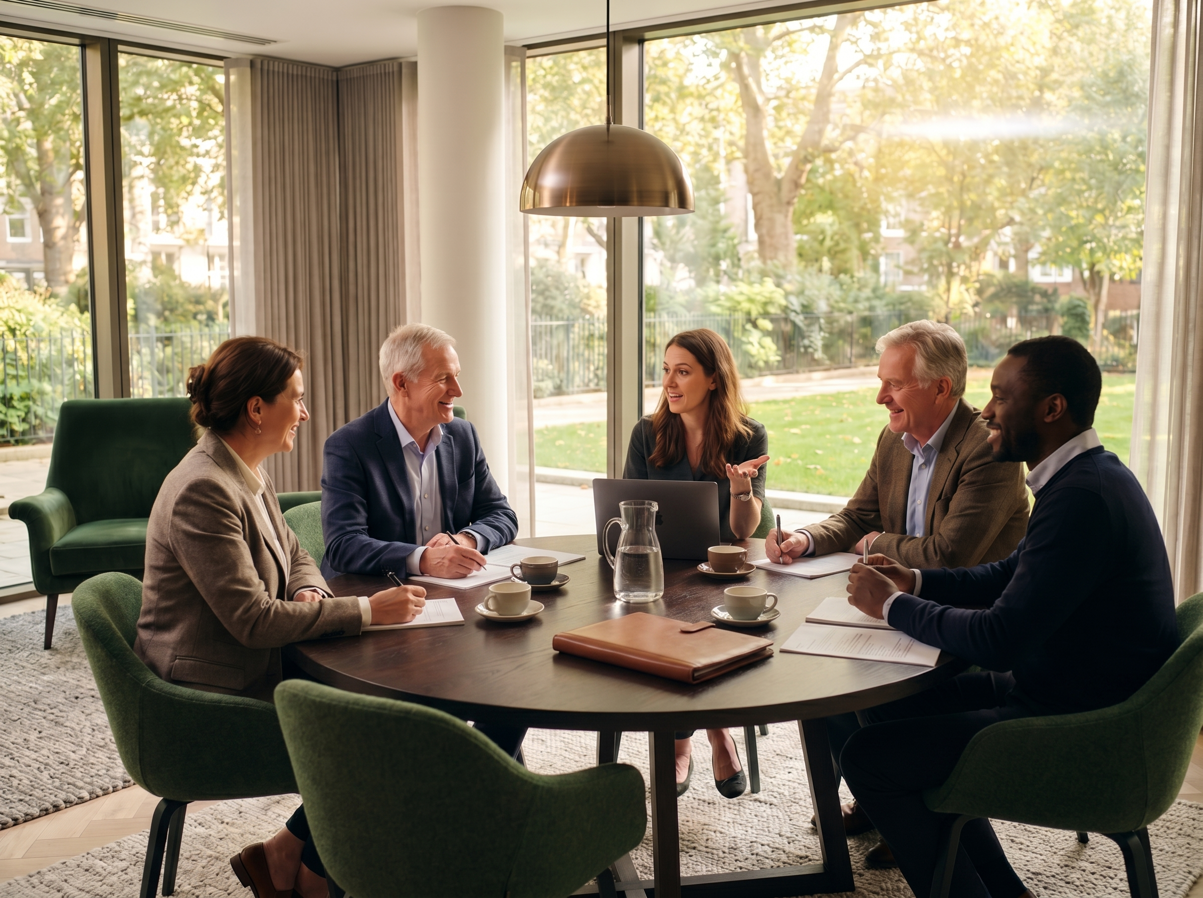 Group of adults happily discussing around a wooden table with a communal garden in the background